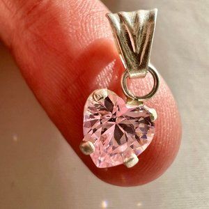 Silver Tone Pink Prong Set Heart Rhinestone Dangle Pendant